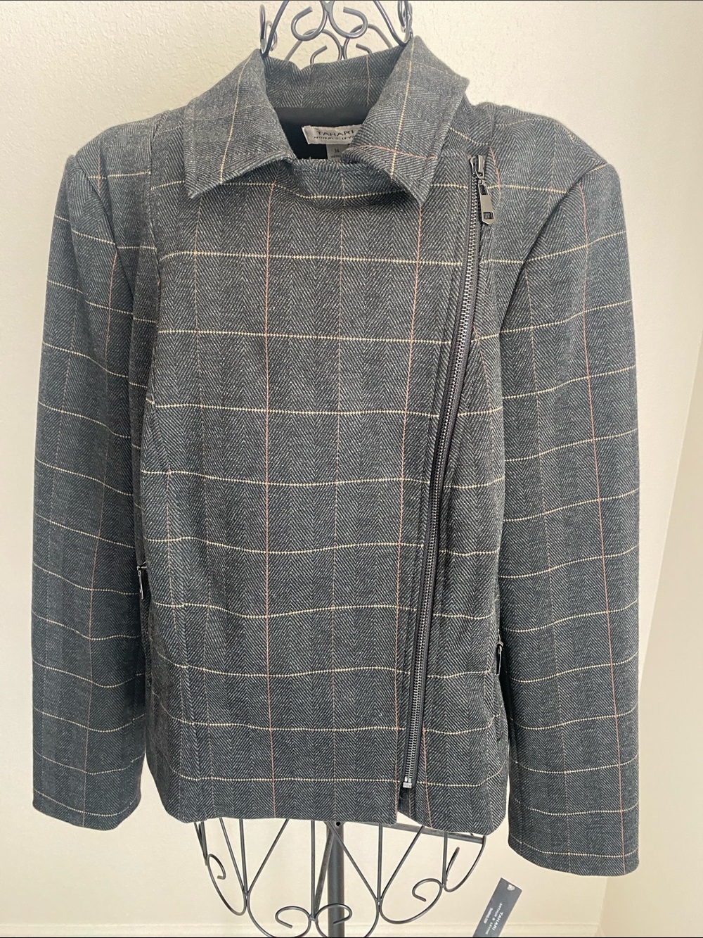 Tahari Plaid Asymmetrical Zip Jacket